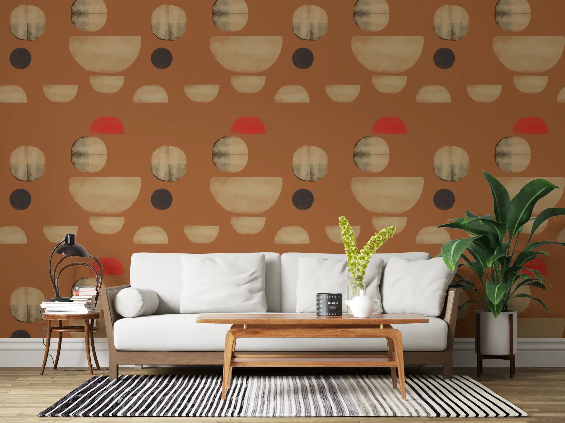 Entryway wallpaper with terracotta forms and modern neutral styling