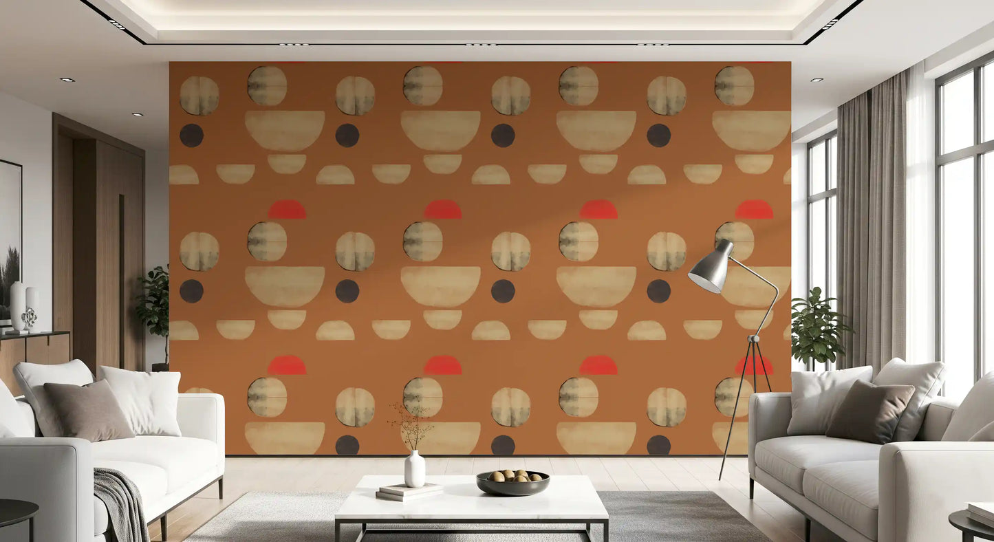 Living room wallpaper with geometric terracotta forms and soft textured look