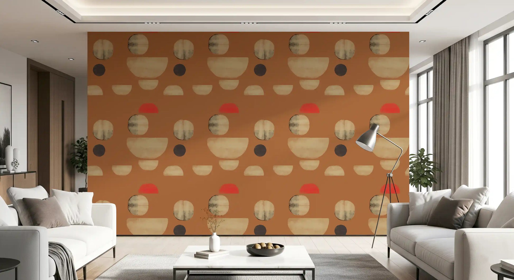 Living room wallpaper with geometric terracotta forms and soft textured look