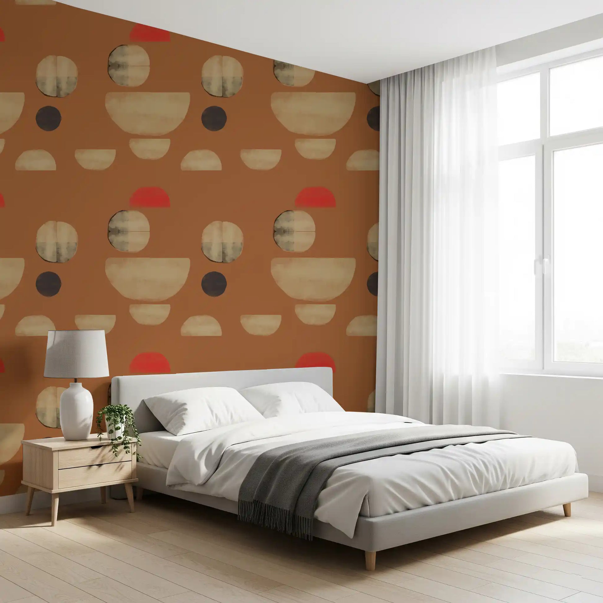 Bedroom wallpaper with abstract shapes and warm earthy tones