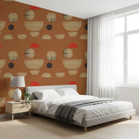 Bedroom wallpaper with abstract shapes and warm earthy tones