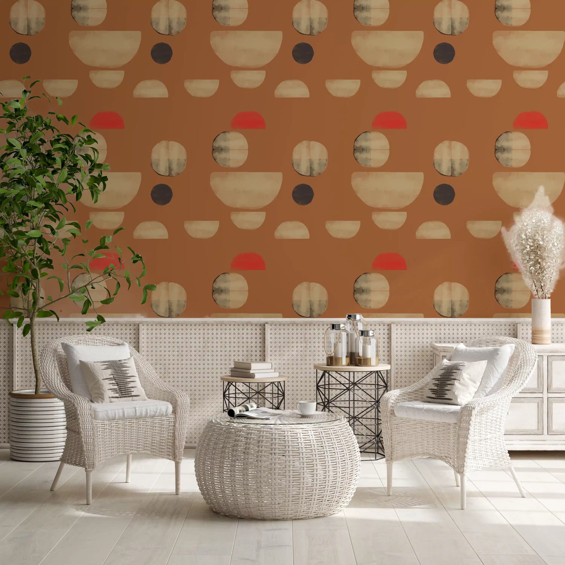 Hallway wallpaper with layered terracotta forms and balanced neutral design