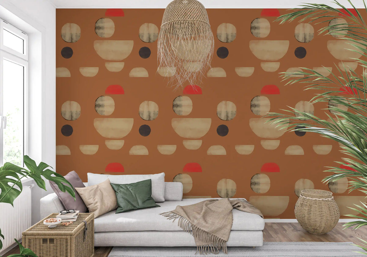 Living room wallpaper with terracotta abstract shapes and warm neutral tones