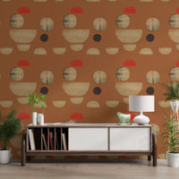Hallway wallpaper with circular abstract shapes and earthy palette