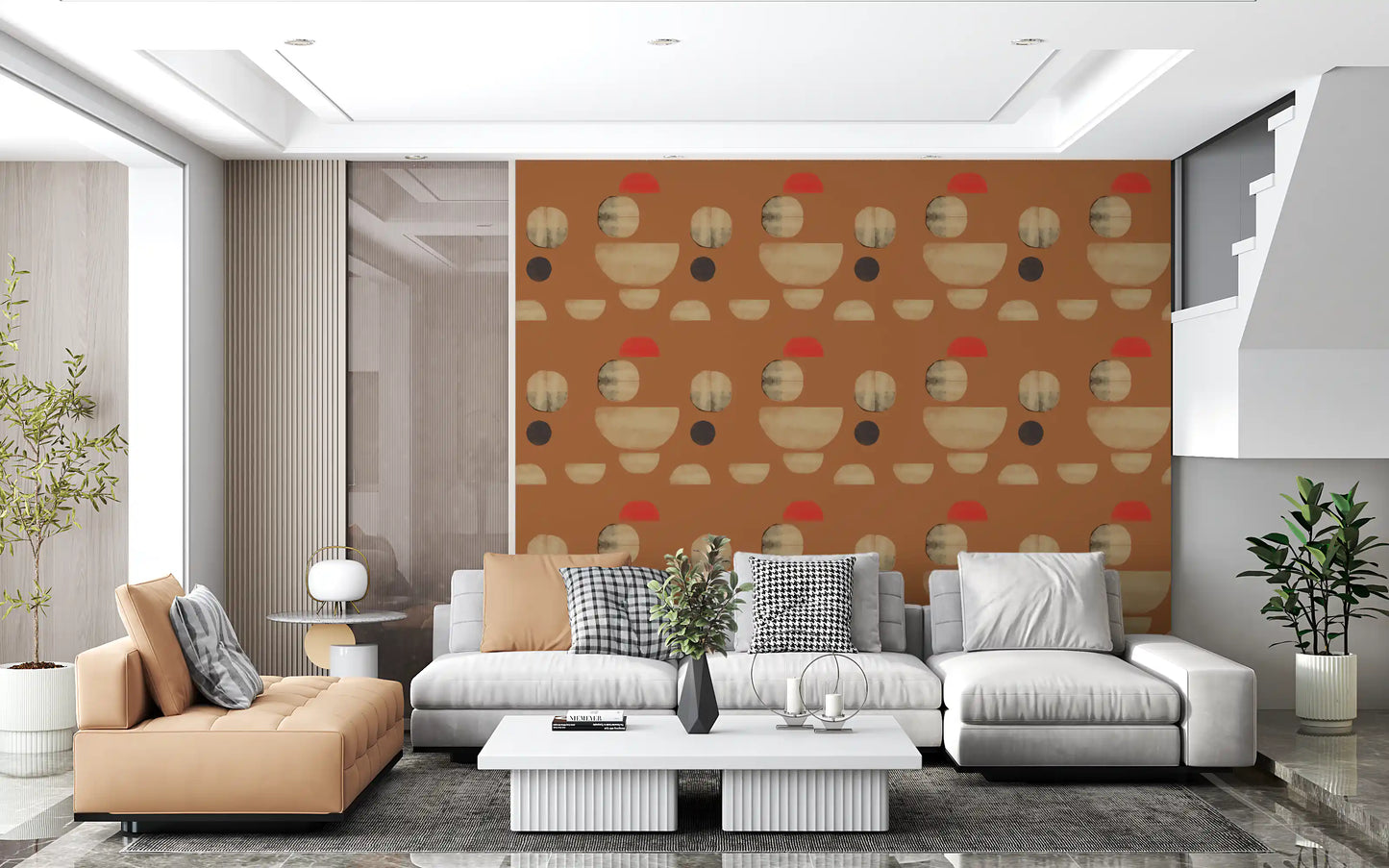 Hallway wallpaper featuring minimal forms and earthy terracotta palette