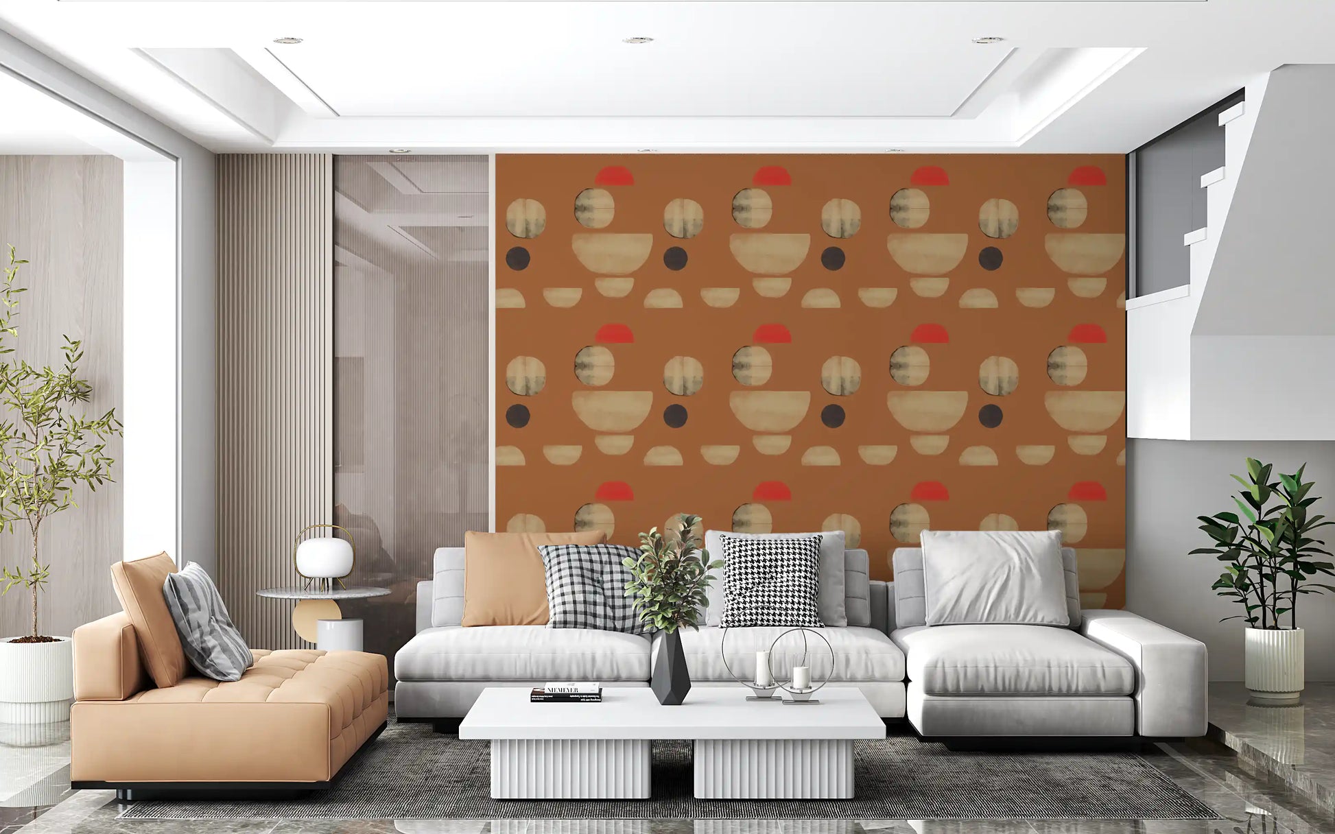 Hallway wallpaper featuring minimal forms and earthy terracotta palette