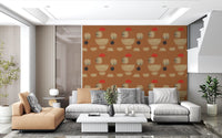 Hallway wallpaper featuring minimal forms and earthy terracotta palette