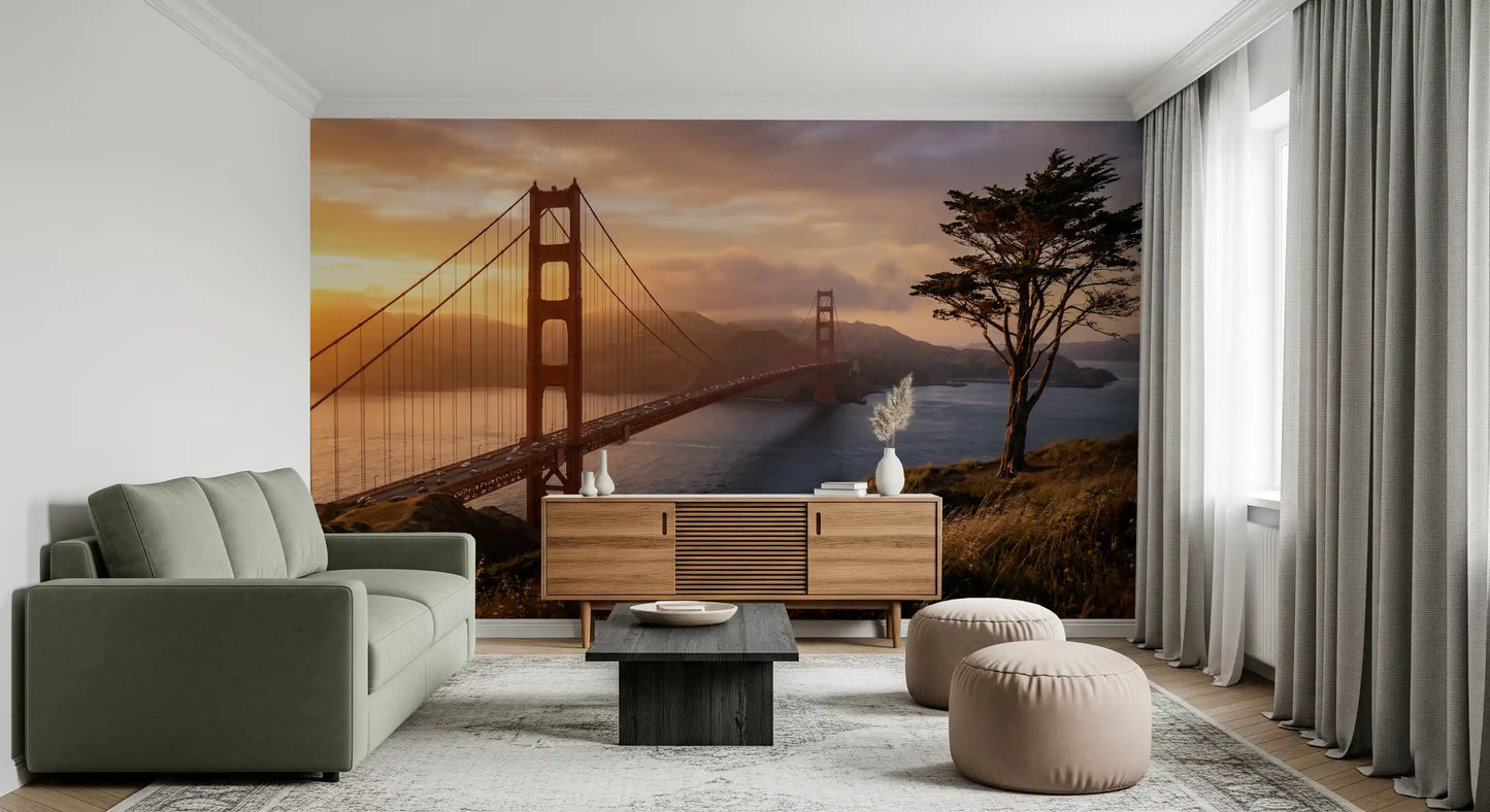 Iconic bridge sunset wall mural creating a bold statement in living space 