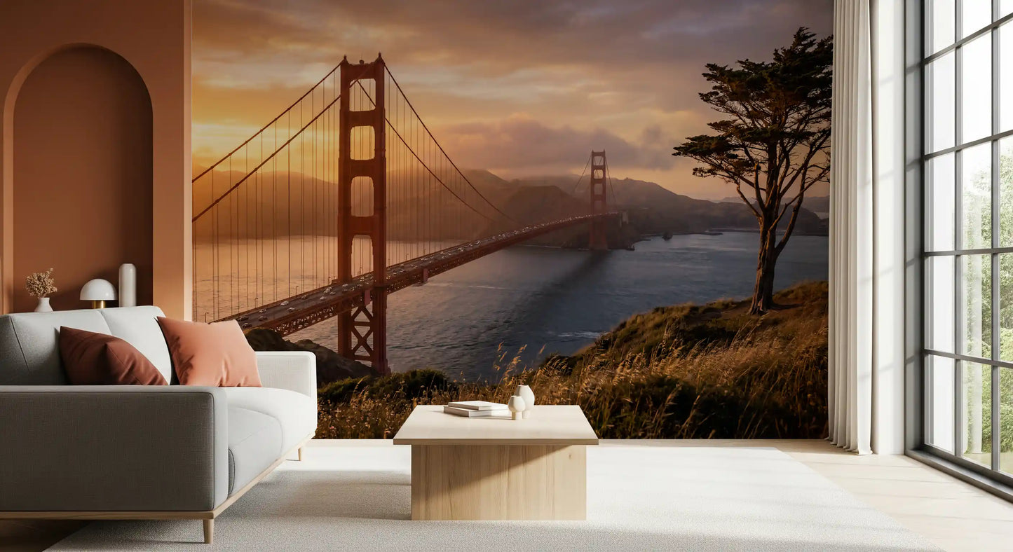 Coastal sunset bridge wall mural bringing warmth to a relaxed lounge interior