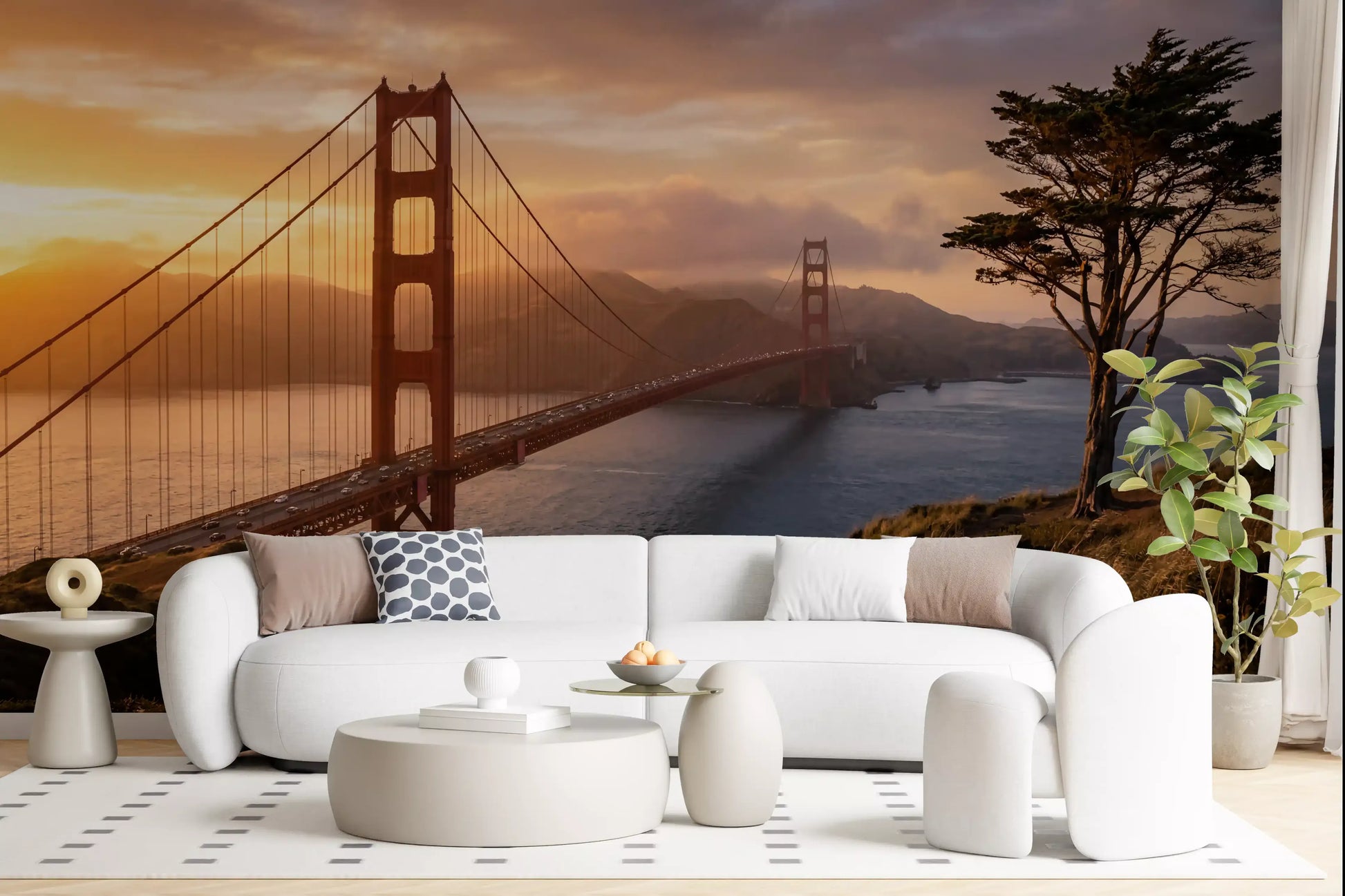 Golden Gate sunset view wall mural brightening a modern living room space