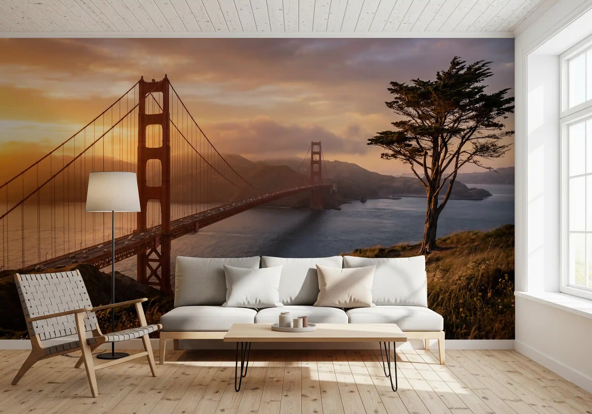 Sunset-lit Golden Gate wall mural adding character inside a entryway  space