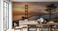 Scenic sunset coastline wall mural enhancing a long Dining room with warm tones