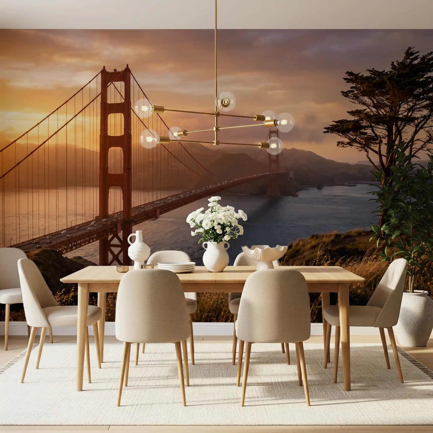 Glowing skyline bridge wall mural adding depth to a contemporary Dining room