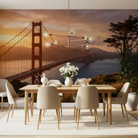 Glowing skyline bridge wall mural adding depth to a contemporary Dining room