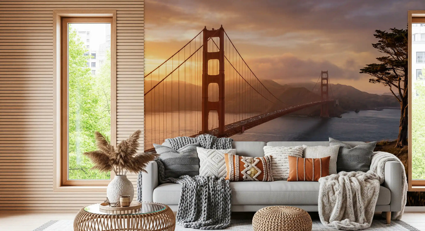Soft evening skyline wall mural creating focus in a minimalist hallway area
