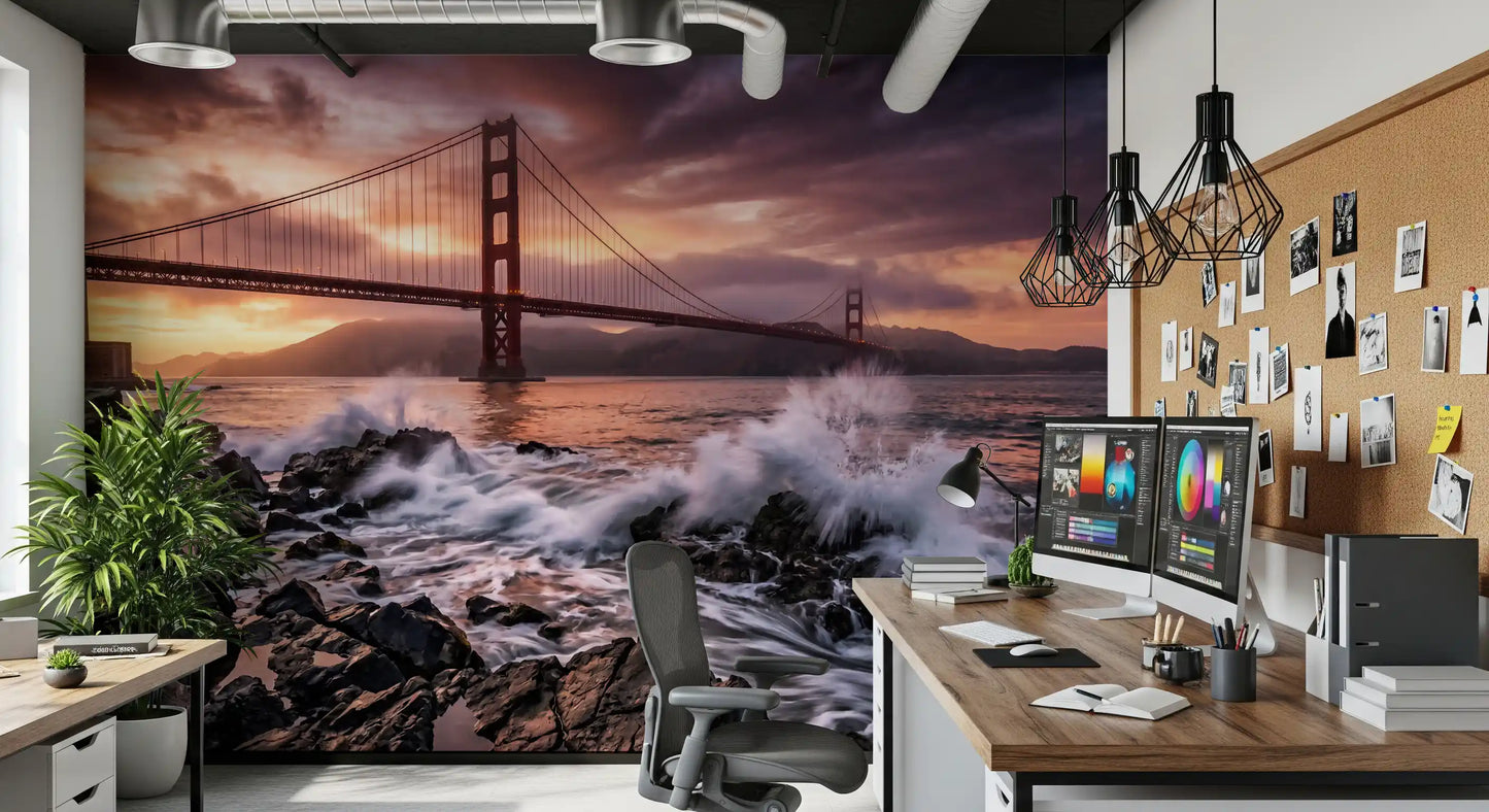 Office wall mural with wave energy and Golden Gate sunset tones
