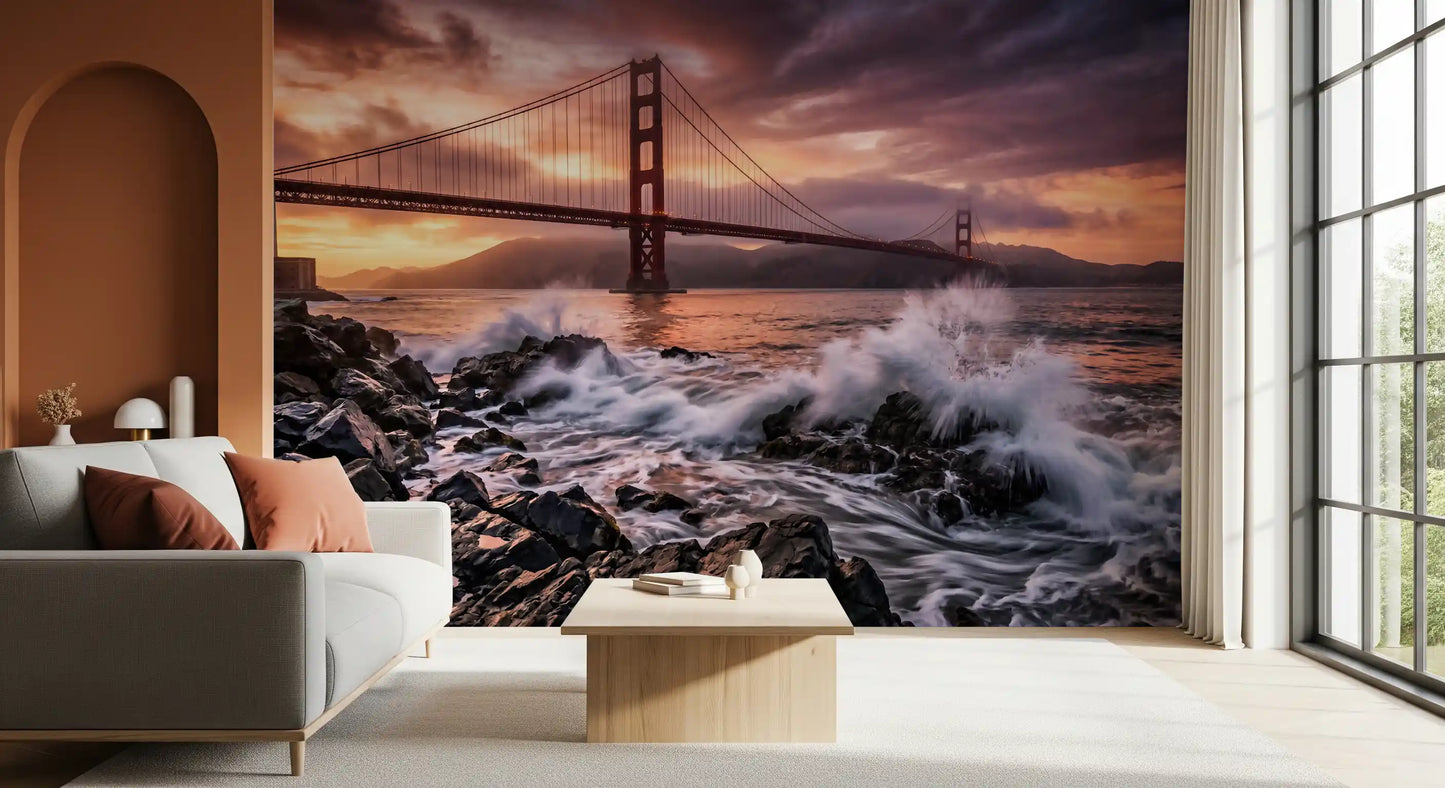 Lounge area wall mural with sunset waves and iconic bridge silhouette