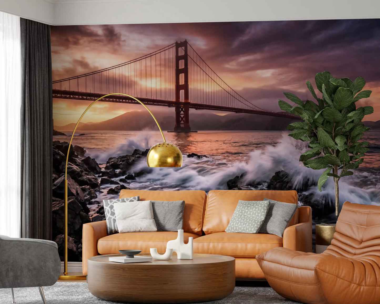 Entryway wall mural with coastal waves and vivid sunset bridge scene