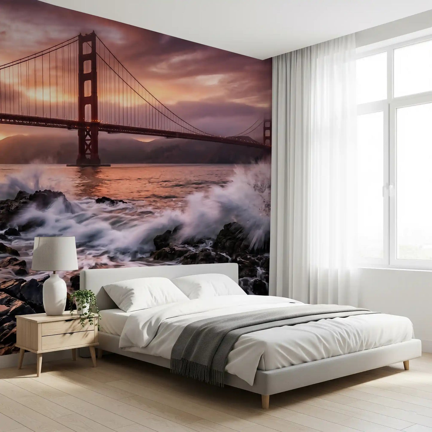 Guest room wall mural with ocean spray and bridge at sunset horizon