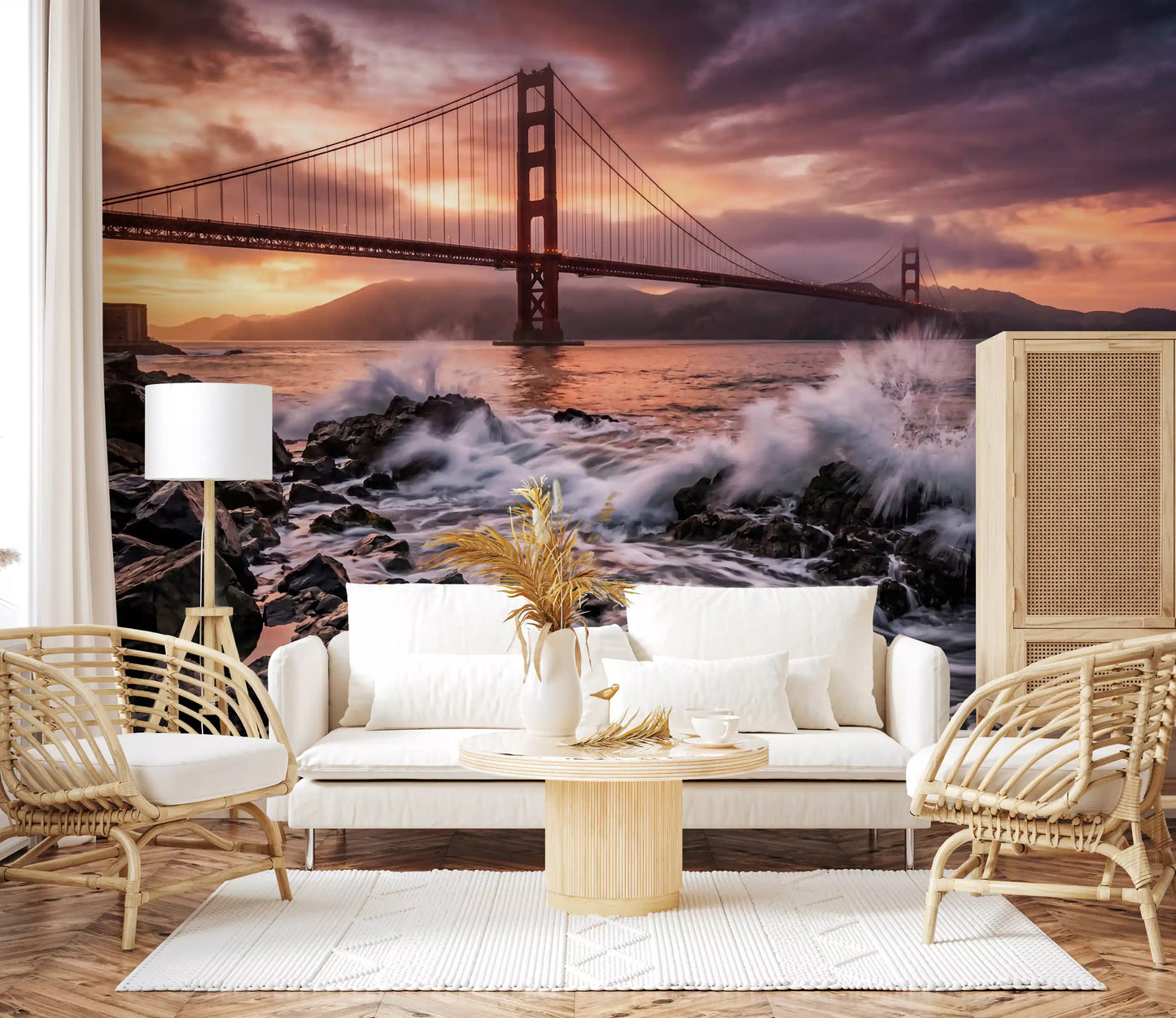 Home office wall mural with coastal waves and Golden Gate sunset scene detail