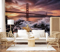 Home office wall mural with coastal waves and Golden Gate sunset scene detail