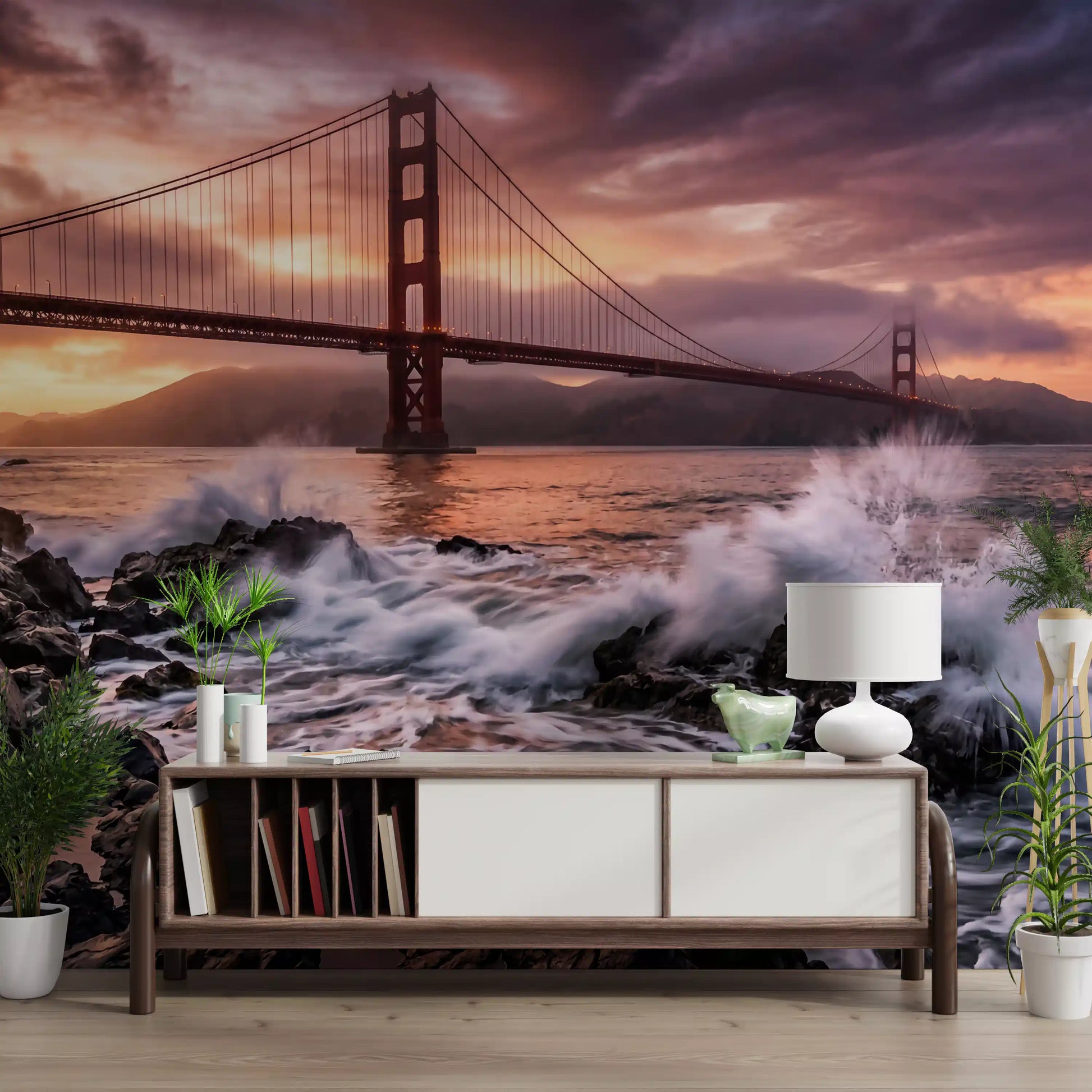 Hallway wall mural with crashing waves and Golden Gate skyline scene