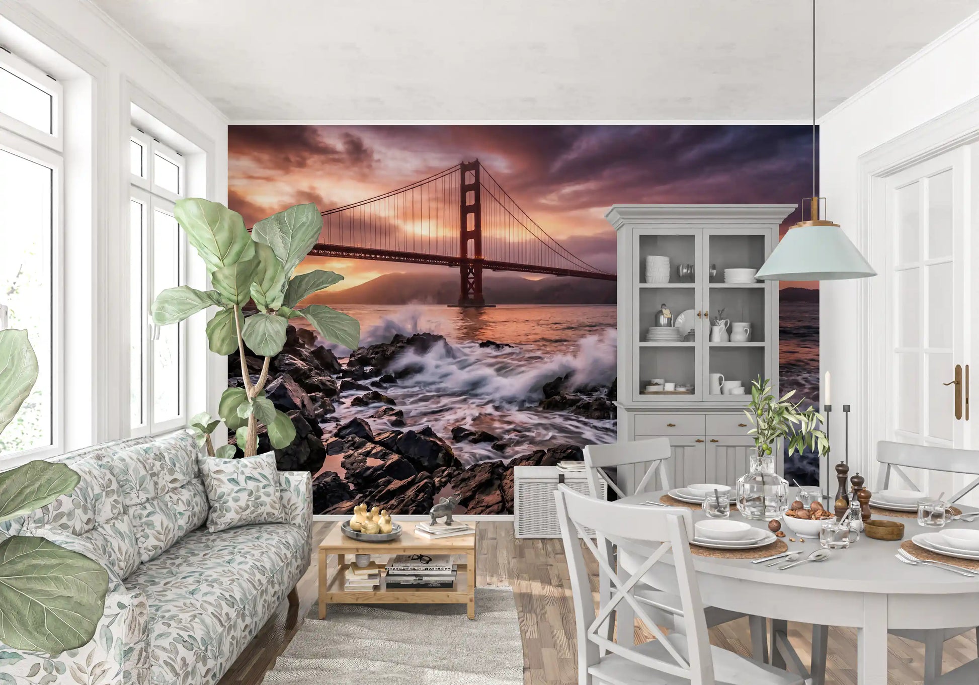 Dining room wall mural featuring ocean waves and bridge under glowing sunset