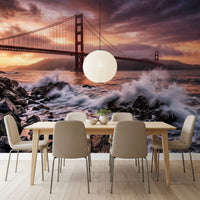 Dining room wall mural with ocean motion and warm sunset bridge view