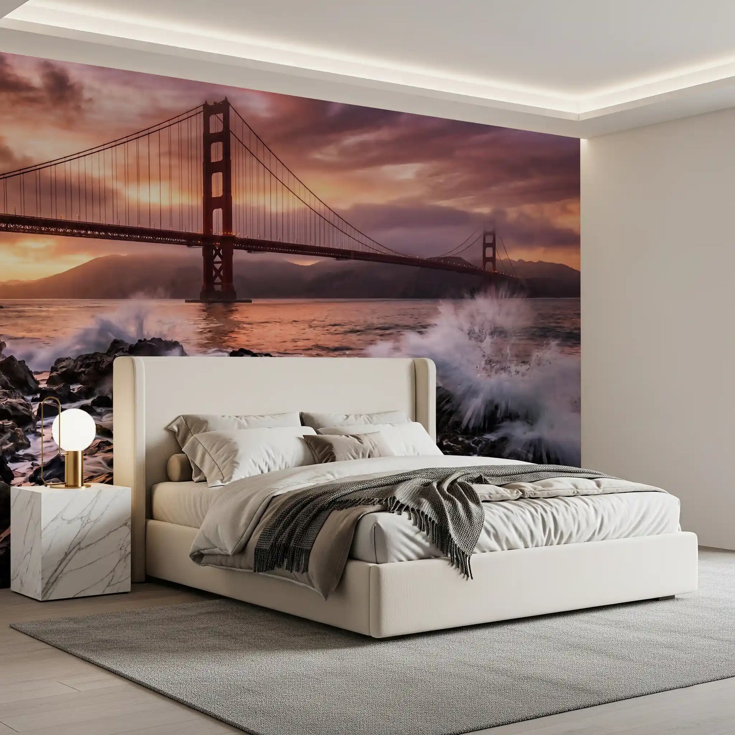 Bedroom wall mural with rocky shoreline waves and bridge sunset backdrop