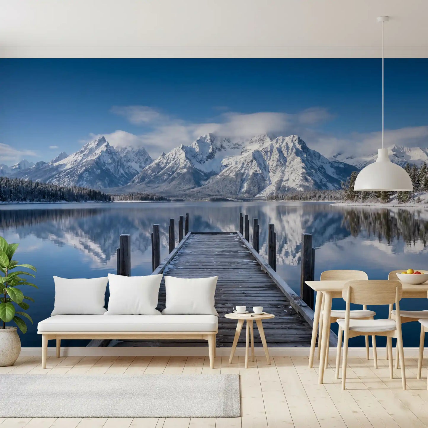 Entryway area wall mural with alpine landscape and reflective snow peaks