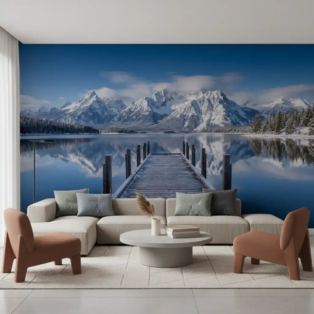 Hallway wall mural with alpine lake reflection and snow-covered mountains