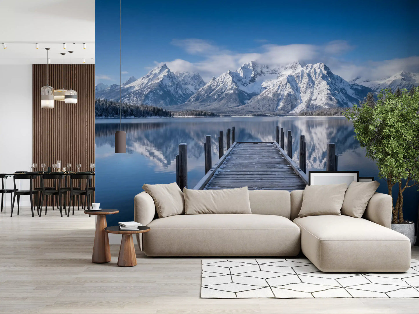 Home and office wall mural with snowy peaks and calm mirrored water landscape