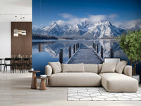 Home and office wall mural with snowy peaks and calm mirrored water landscape