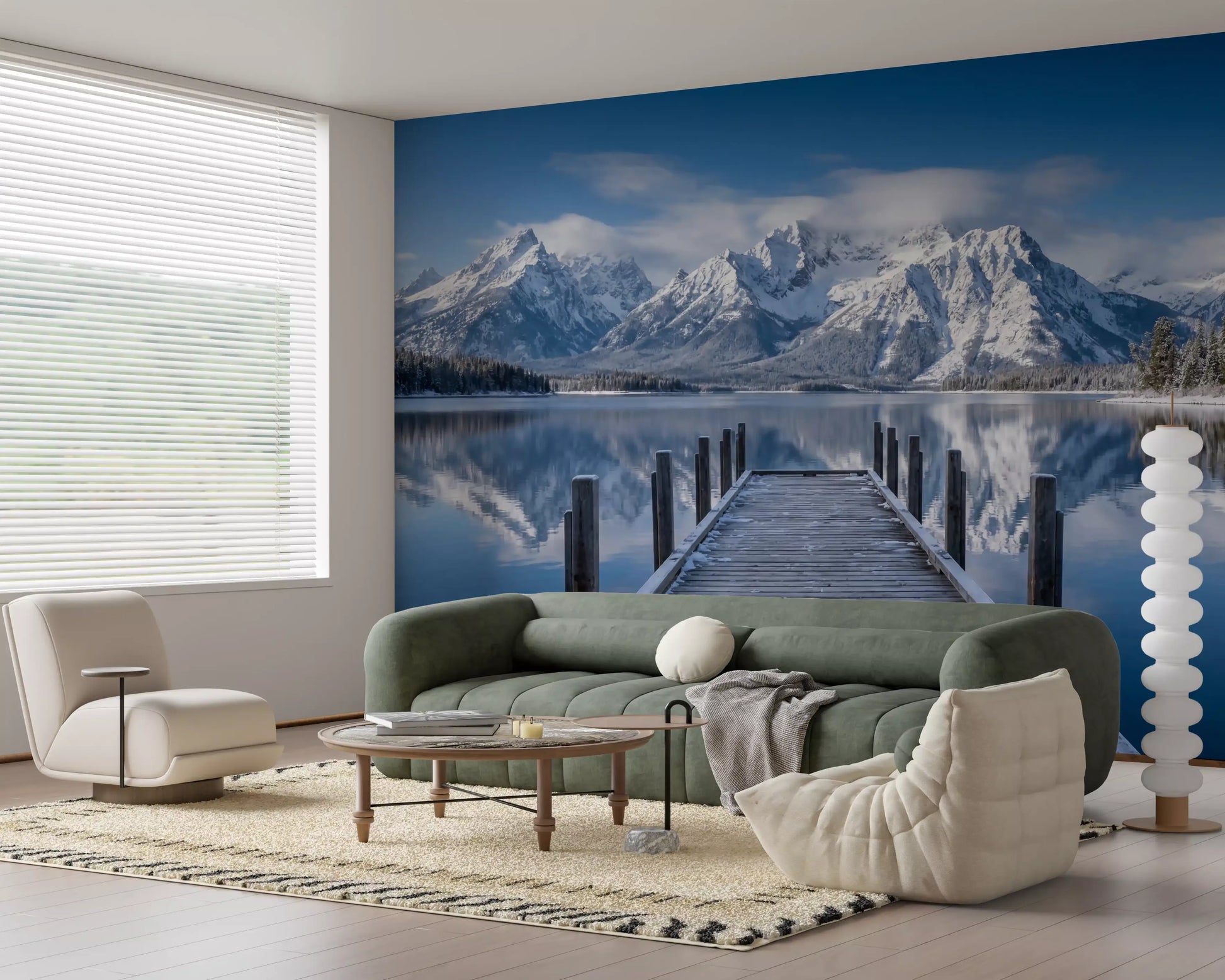 Living room wall mural with alpine snow peaks and reflective lake scene
