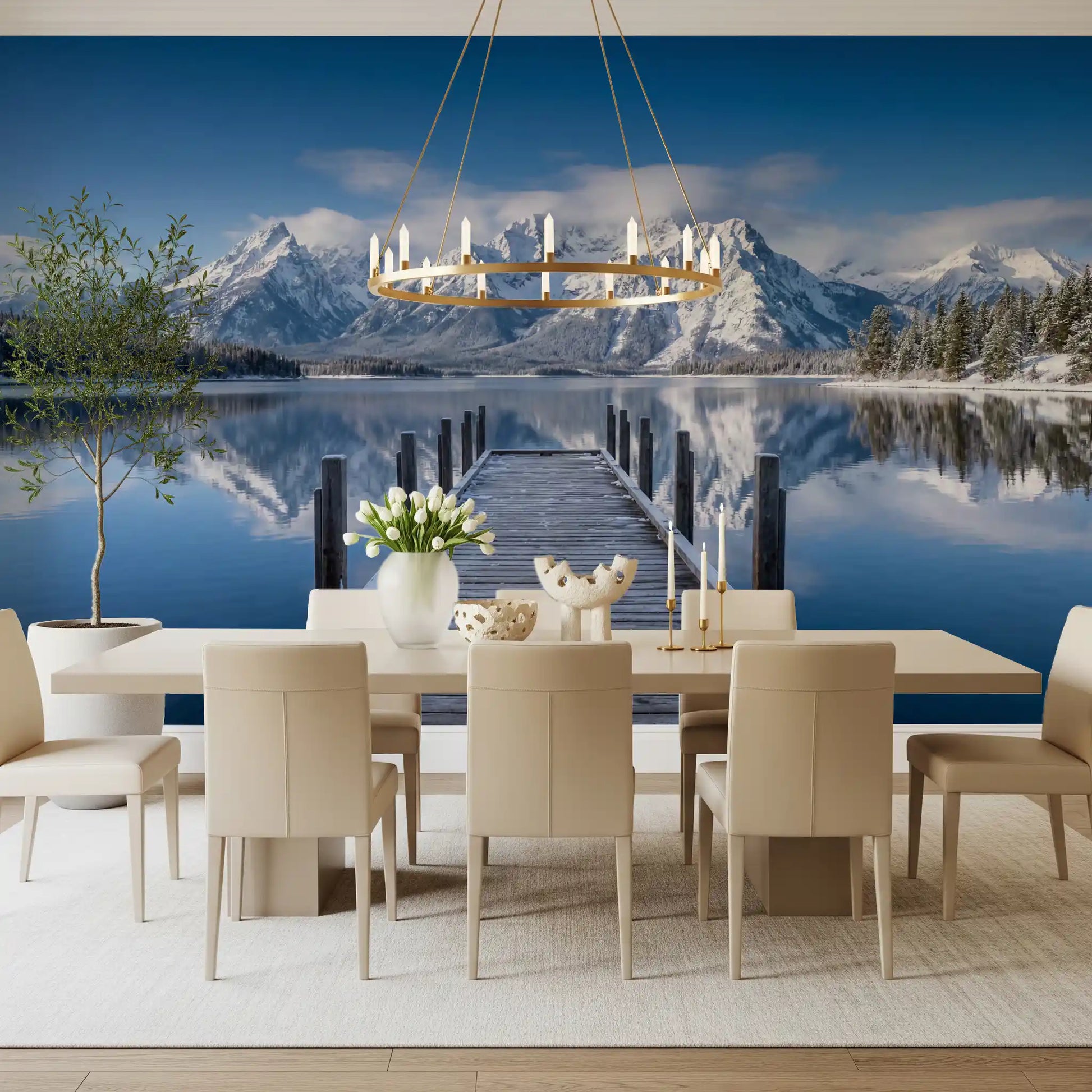 Dining room wall mural featuring winter lake and mountain reflection view