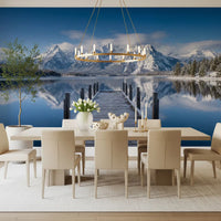 Dining room wall mural featuring winter lake and mountain reflection view