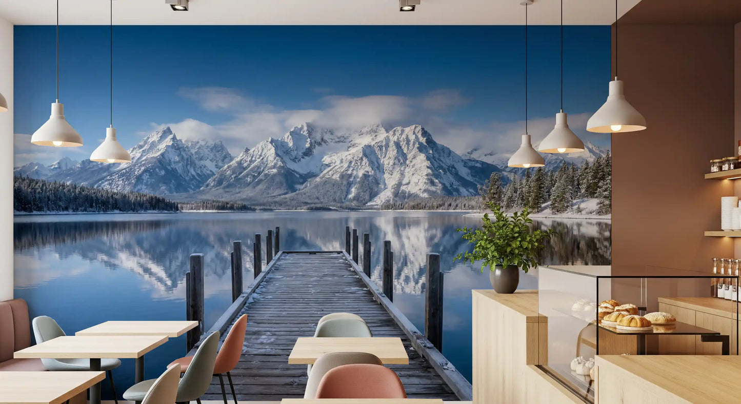 Restaurants wall mural with winter peaks and mirrored lake surface