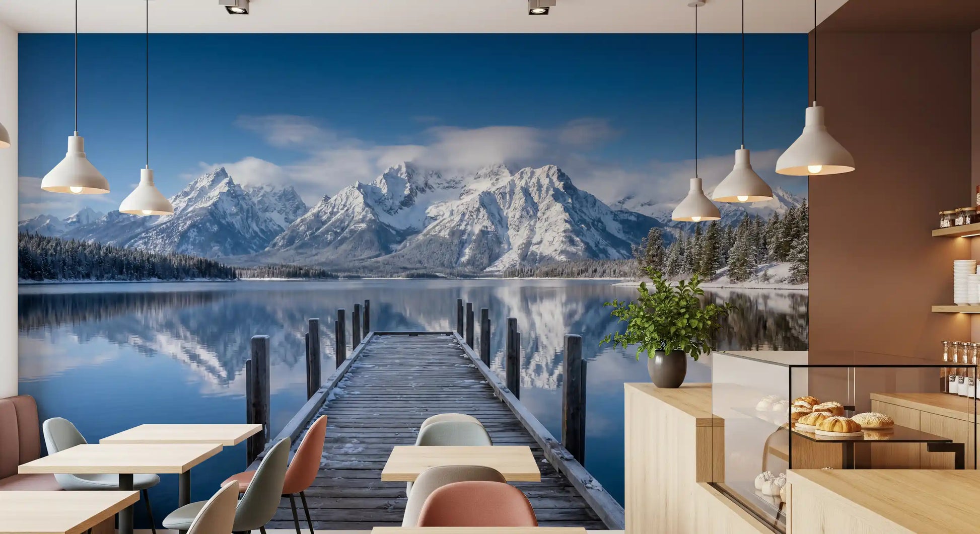 Restaurants wall mural with winter peaks and mirrored lake surface