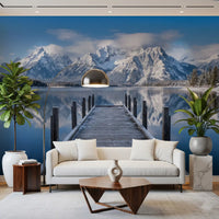 Living room wall mural with snow mountain reflection and still water view