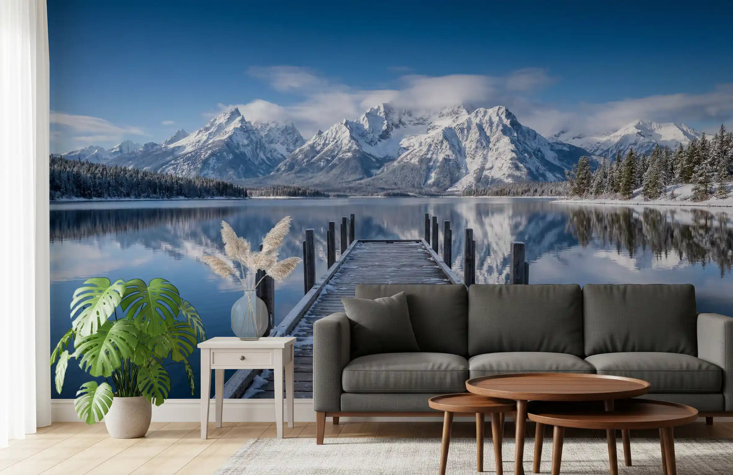 Living room wall mural with snowy mountain reflection and calm lake