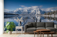 Living room wall mural with snowy mountain reflection and calm lake