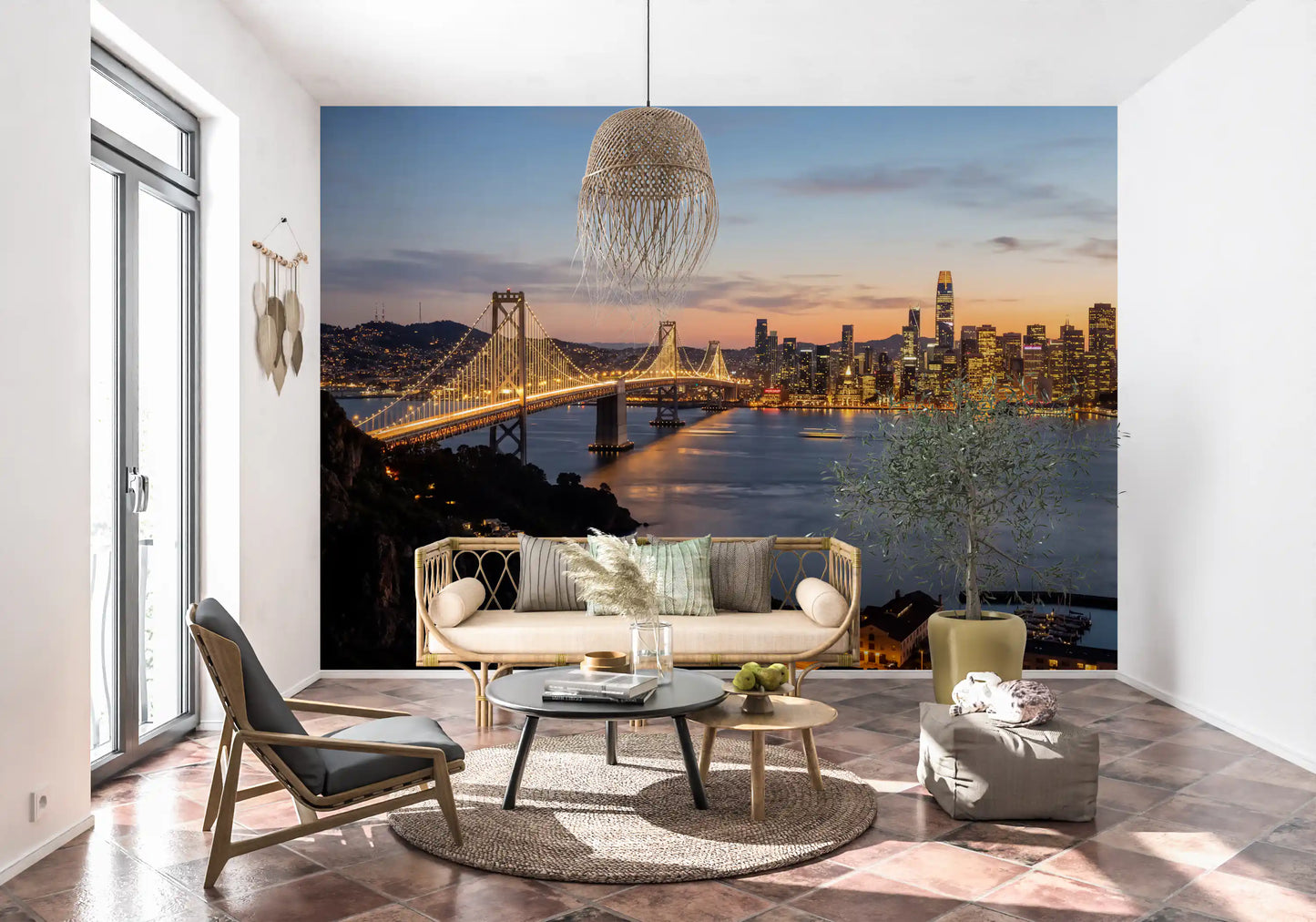 Hallway wall mural with evening city skyline and waterfront