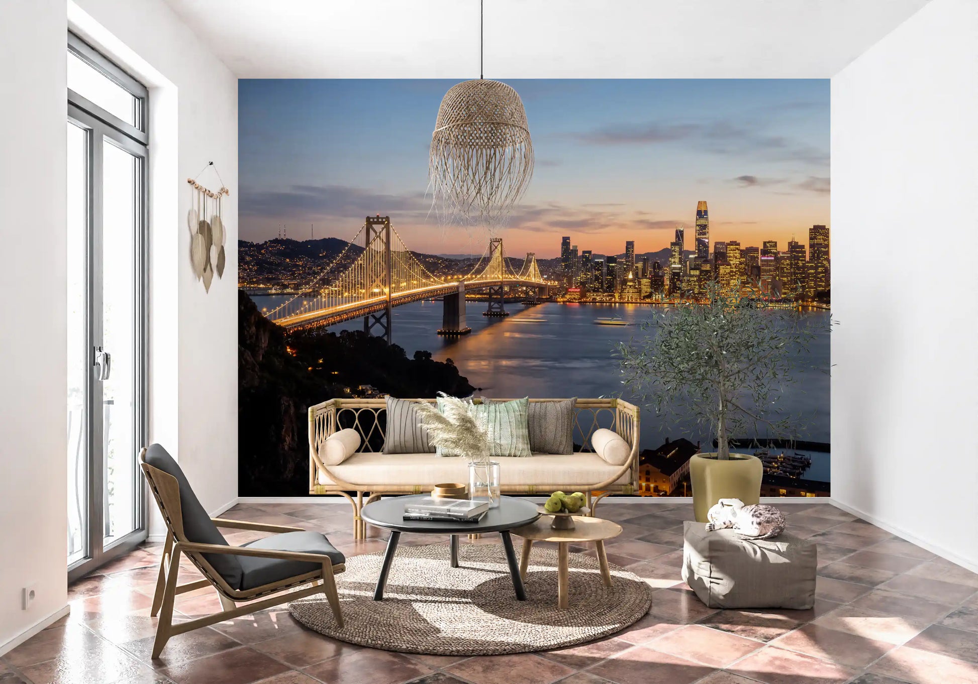 Hallway wall mural with evening city skyline and waterfront