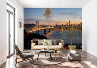 Hallway wall mural with evening city skyline and waterfront