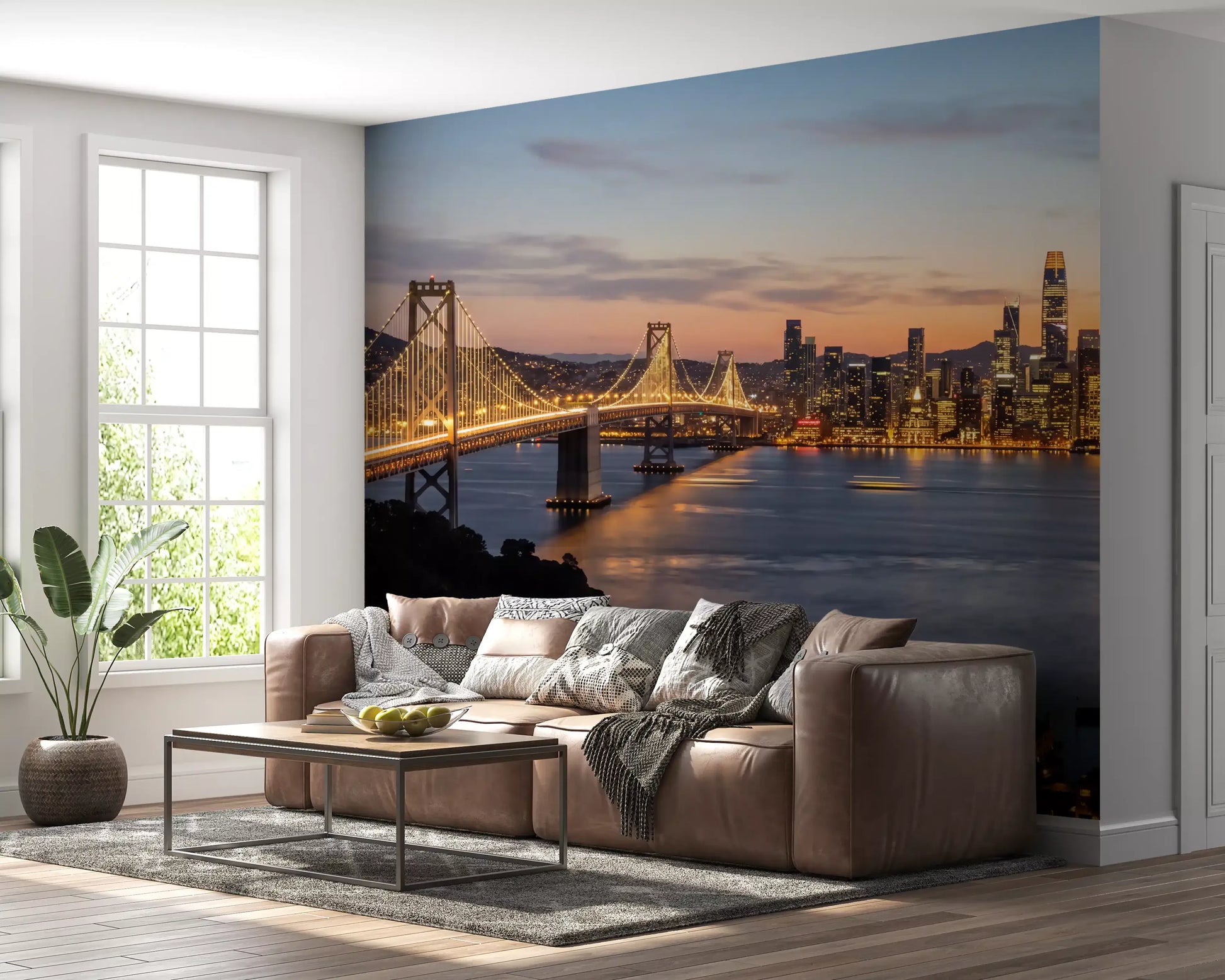 Living room wall mural with illuminated skyline and bridge