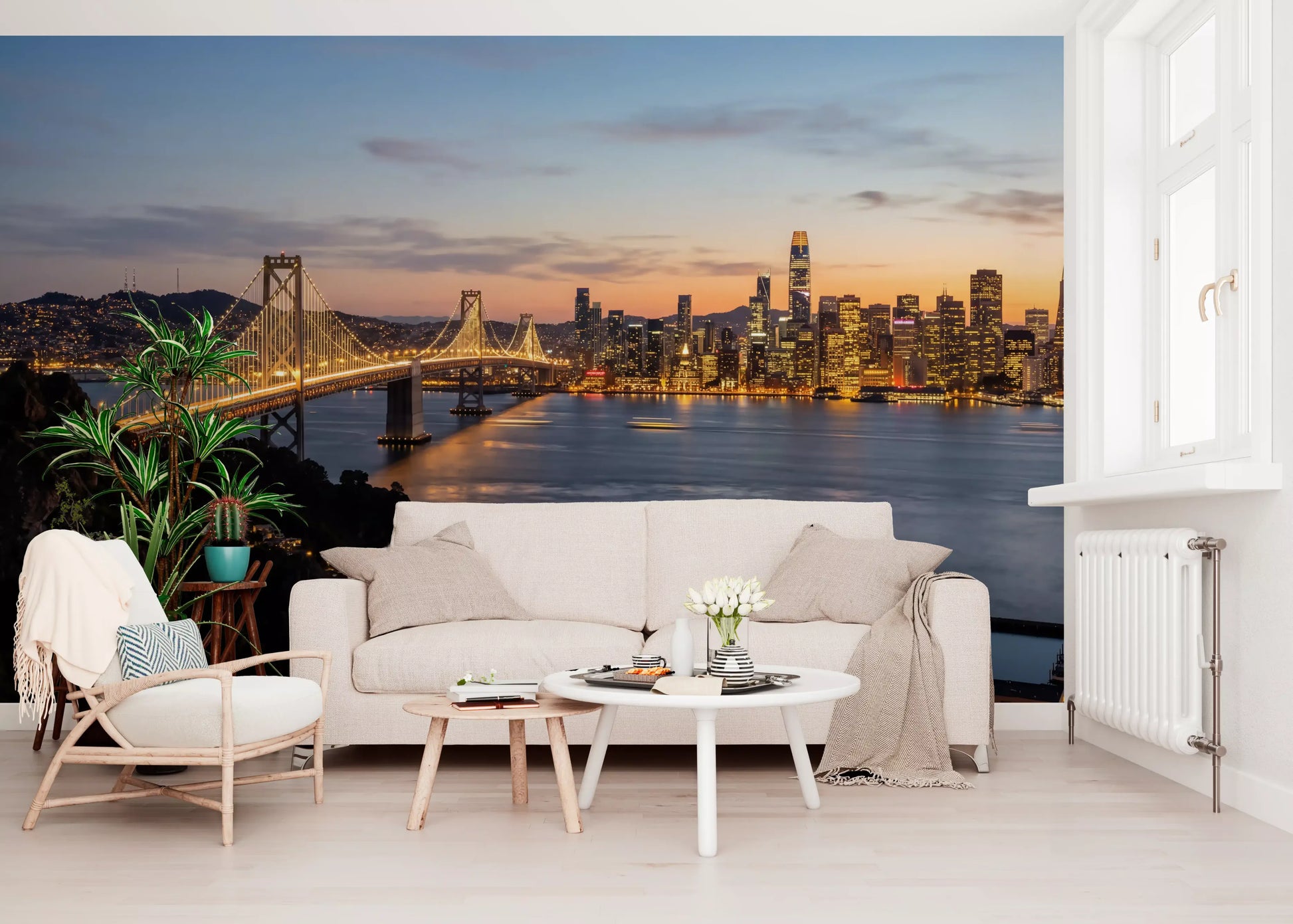 Entryway area wall mural with city skyline and Evening