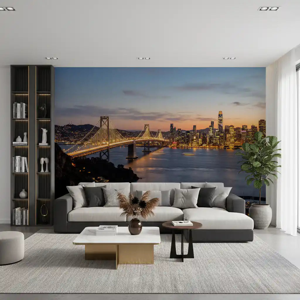 Hallway wall mural with Bay Bridge skyline evening scene