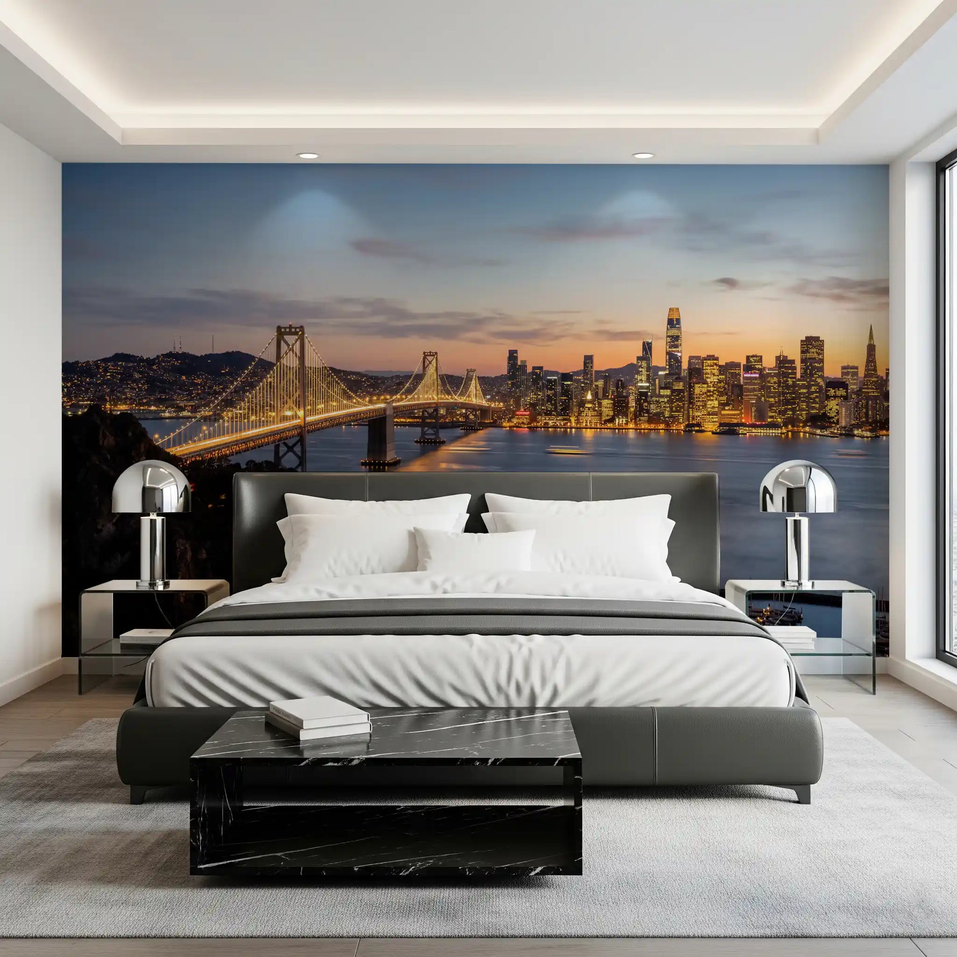 Bedroom Wall mural with evening city skyline and waterfront