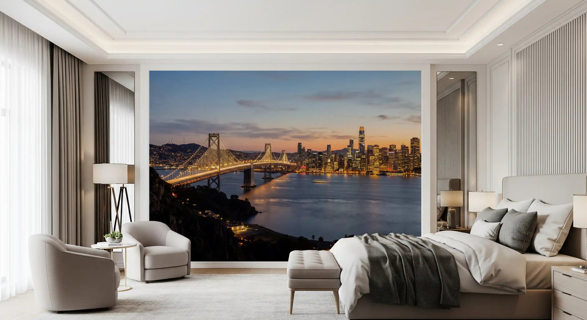 Guest room wall mural with urban skyline and lit bridge