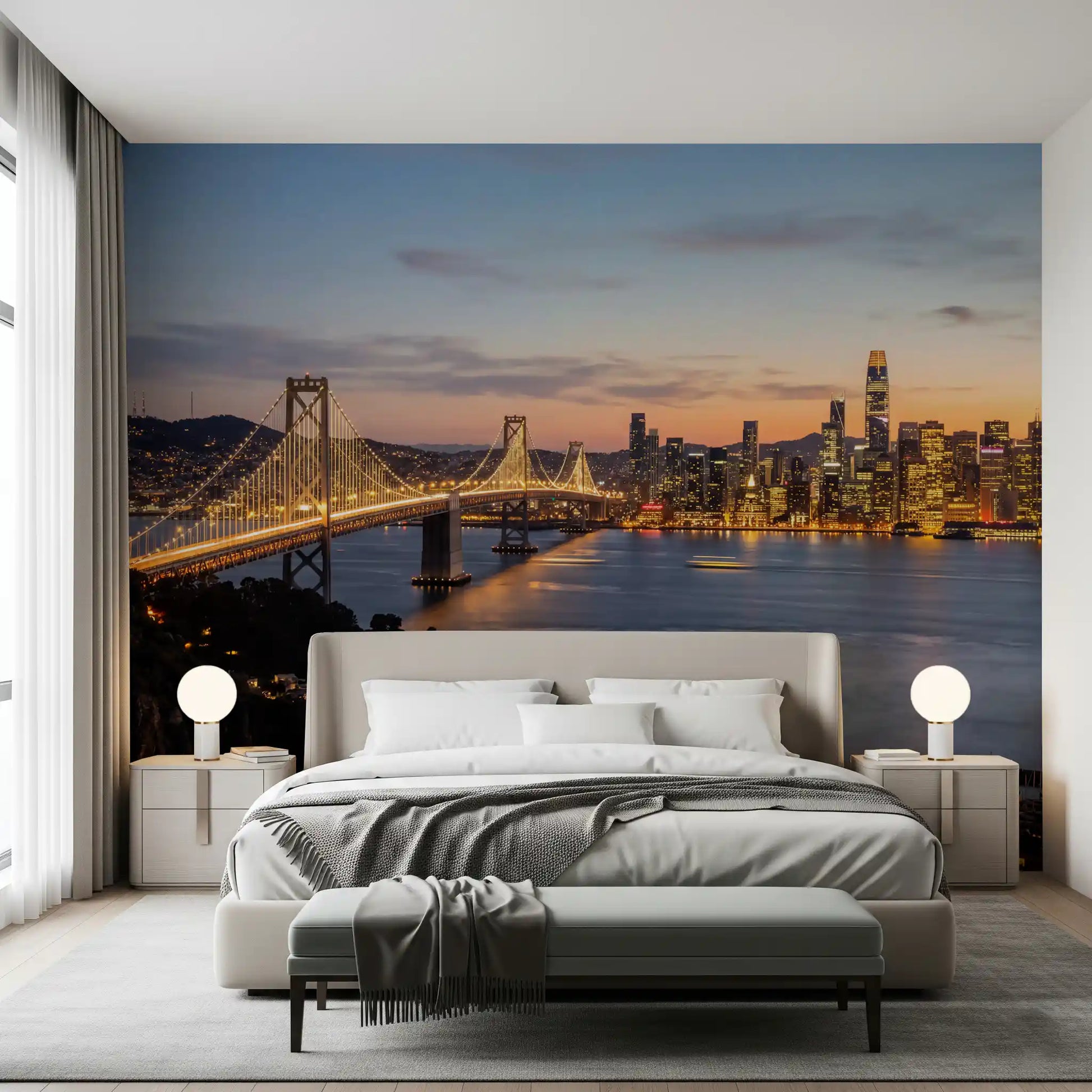 Bedroom mural with glowing bridge and city lights